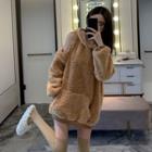 Ears-accent Off-shoulder Loose-fit Fleece Hoodie / Stockings