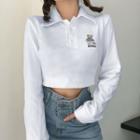 Long-sleeve Bear Embroidered Cropped Polo Shirt
