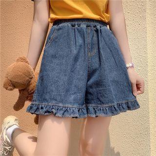 Frill Trim Wide Leg Denim Shorts
