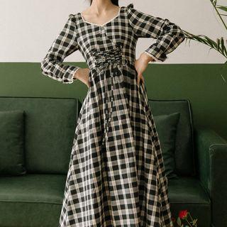 Long-sleeve Lace-trim Plaid Midi A-line Dress