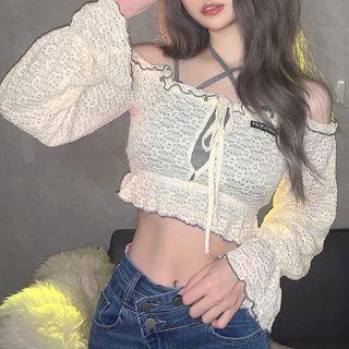 Set: Bell-sleeve Off-shoulder Crop Top + Halter Camisole Top