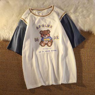 Mock Two-piece Bear Print T-shirt