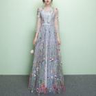 Floral Embroidered 3/4-sleeve Evening Gown