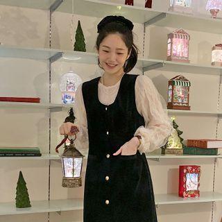 Button Velvet Long Vest Dress Black - One Size