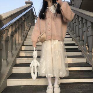 Furry Button Jacket / Mesh A-line Midi Skirt / Set