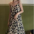 Spaghetti Strap Printed Crinkled Midi A-line Dress Black & Off White - One Size