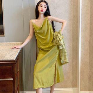 Spaghetti-strap Draped Midi Dress / Check Blazer