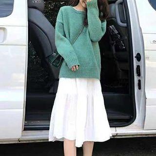 Set: Plain Sweater + Long-sleeve Midi Dress