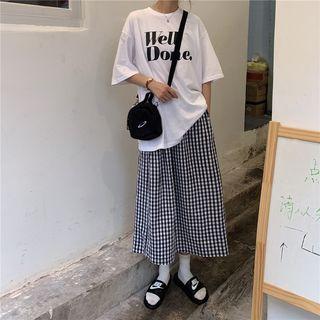 3/4-sleeve Letter T-shirt / Gingham A-line Midi Skirt