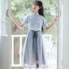 Set: Flower Embroidered Short-sleeve Top + Midi A-line Skirt