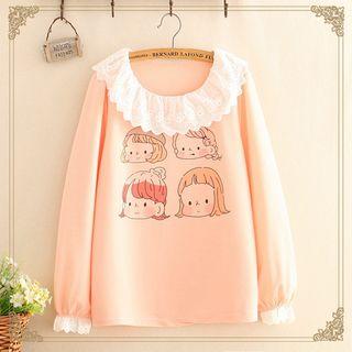 Collared Cartoon Print Long-sleeve Top