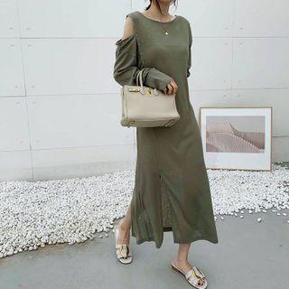 Button-trim Long Dress