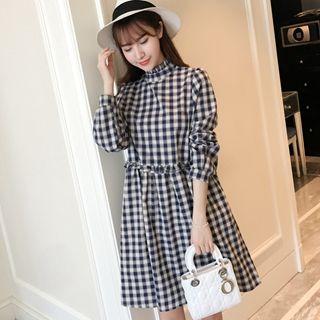 Long-sleeve Frilled-trim Check Dress