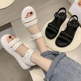 Tweed Adhesive Strap Platform Sandals