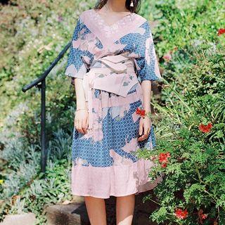 Short-sleeve Contrast-trim Print Midi A-line Dress