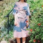 Short-sleeve Contrast-trim Print Midi A-line Dress