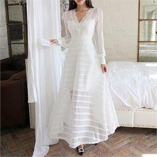 V-neck Lace Maxi Flare Dress