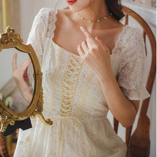 Puff-sleeve Lace-up Midi A-line Lace Dress
