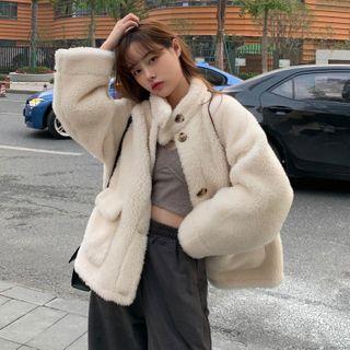 Mock-neck Woolen Single Breasted Coat White - One Size