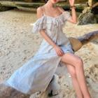 Short-sleeve Cold Shoulder Patterned A-line Slit Maxi Dress