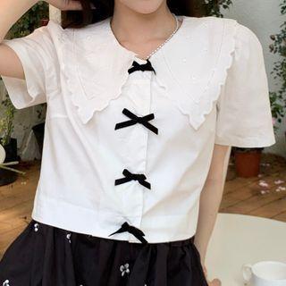 Short-sleeve Bow Button-up Blouse