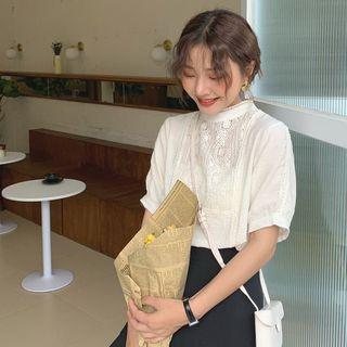 Short-sleeve Crochet Panel Blouse Almond - One Size