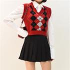 V-neck Two Tone Plaid Knit Vest Red - One Size
