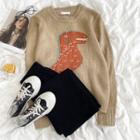 Long-sleeve Dinosaur  Knit Sweater Camel - One Size