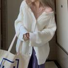 Long-sleeve Plain Knit Cardigan White - One Size