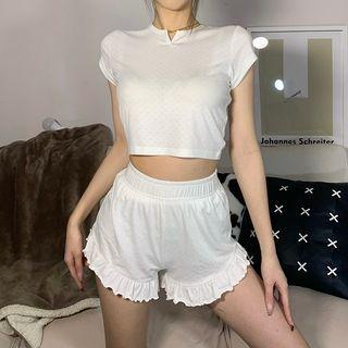 Set: Cap-sleeve Crop Top + Frill Trim Shorts
