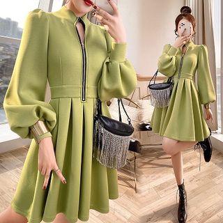 Half Zip Lantern-sleeve A-line Dress