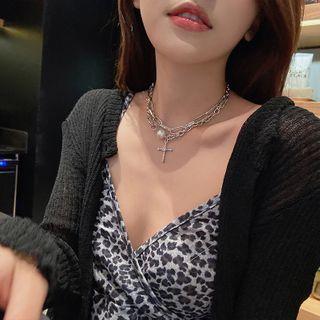 Alloy Cross Pendant Layered Choker Silver - One Size
