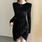 Long-sleeve Glitter Asymmetrical Mini Sheath Dress
