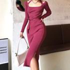 Square-neck Lace-up Long-sleeve Knit Midi Dress
