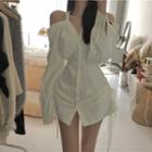 Long-sleeve Cold-shoulder Drawstring Mini Shirt Dress White - One Size