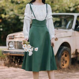 Set: A-line Midi Jumper Dress + Boatneck Long-sleeve Top