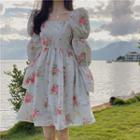 Puff-sleeve Floral Print A-line Dress Floral - White - One Size