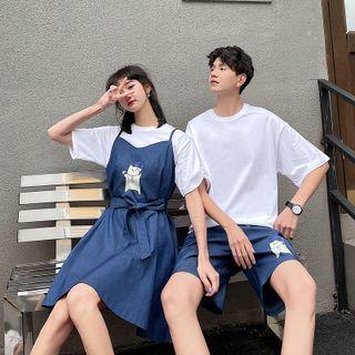Couple Matching T-shirt / Spaghetti Strap Denim Dress / Shorts / Set
