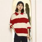 Elbow-sleeve Striped Knit Polo Shirt Red - One Size