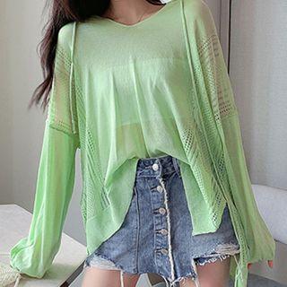 Long-sleeve Perforated Knit Top Green - One Size