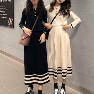 Set: Long-sleeve Collared Knit Top + Contrast-trim Midi A-line Knit Skirt