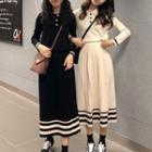 Set: Long-sleeve Collared Knit Top + Contrast-trim Midi A-line Knit Skirt