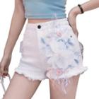Flower Applique Fray Hem Denim Shorts