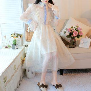 Mesh Ruffled Lace-trim A-line Dress