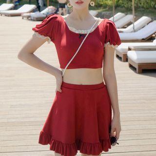 Set: Short-sleeve Lace Trim Swim Top + Skirt