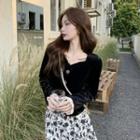 Long Sleeve Lace Trim V-neck Velvet Top Top - Black - One Size