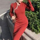 Long-sleeve Bow Accent Knit Qipao Dress