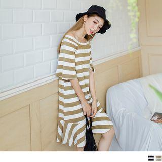 Elbow Sleeve Off-shouder Ruffled Hem Striped Dress