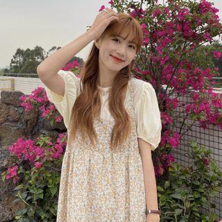 Short-sleeve Plain Shirt + Spaghetti Strap Floral Print Dress