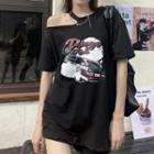 Short-sleeve Cutout Print T-shirt Black - One Size